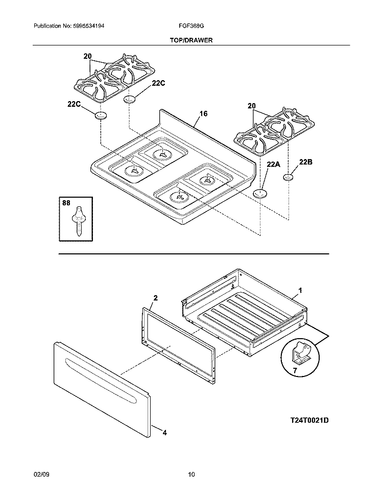 TOP/DRAWER Diagram and Parts List for FGF368GQF  Frigidaire Range