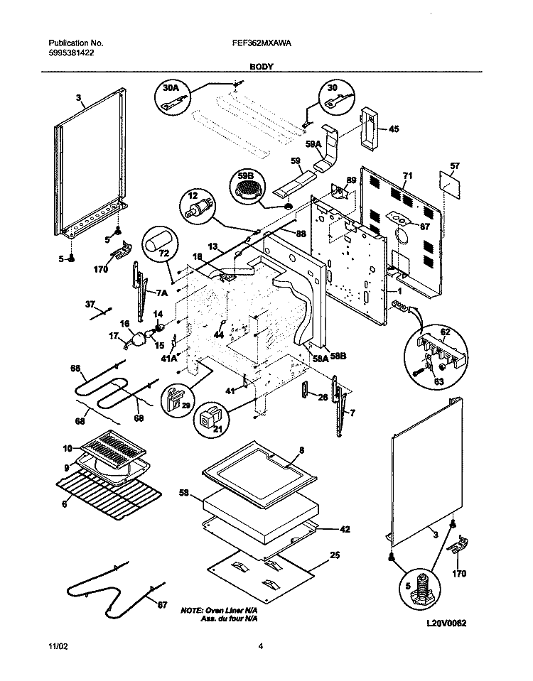 BODY Diagram and Parts List for FEF362MXAWA  Frigidaire Range