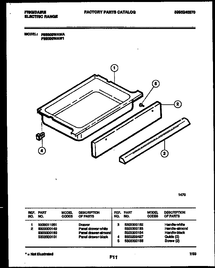 DRAWER PARTS Diagram and Parts List for FES300WAW1  Frigidaire Range