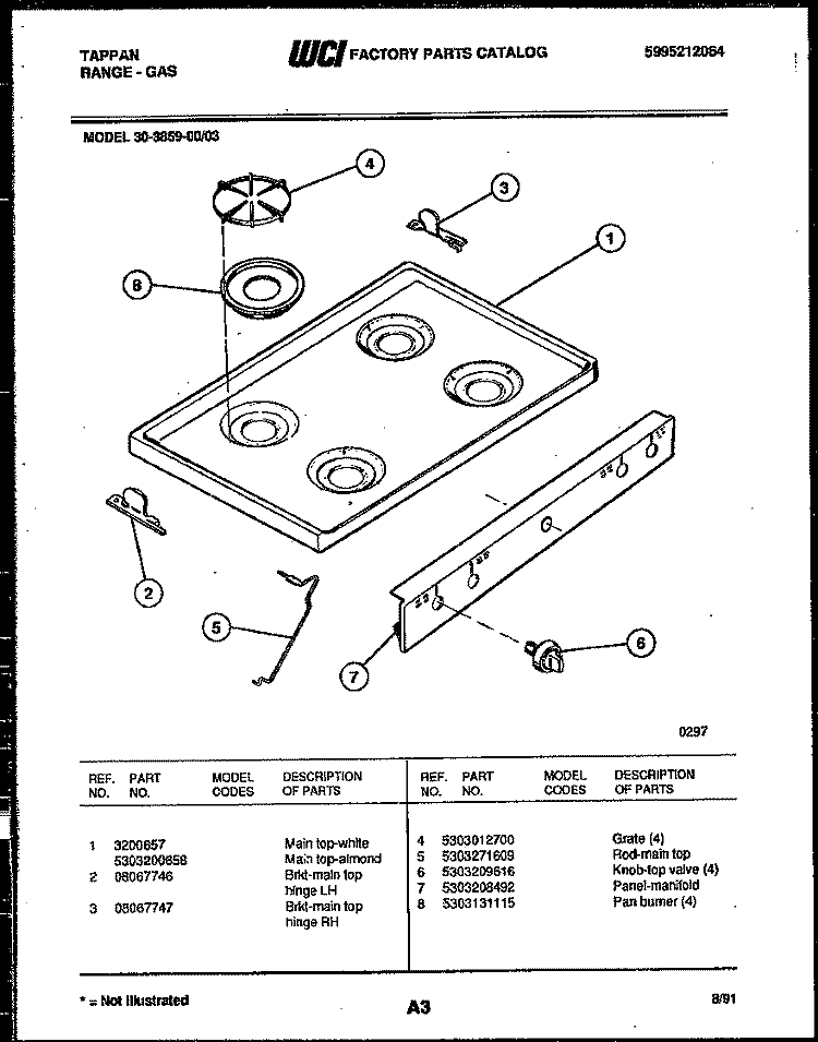 COOKTOP PARTS Diagram and Parts List for 30-3859-00-03  Tappan Range