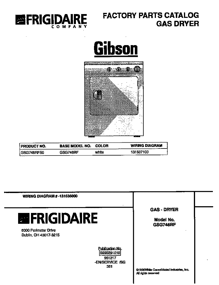 COVER Diagram and Parts List for GSG746RFS0  Gibson Dryer