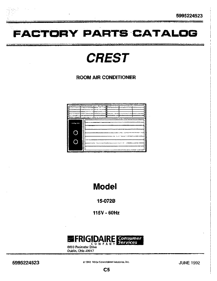 COVER Diagram and Parts List for 15-072B  Frigidaire Air Conditioner