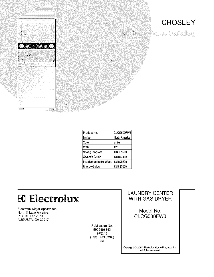 COVER Diagram and Parts List for CLCG500FW0  Crosley Washer Dryer Combo