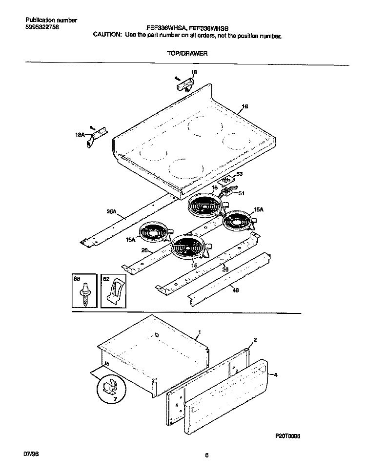 TOP / DRAWER Diagram and Parts List for FEF336WHSB  Frigidaire Range