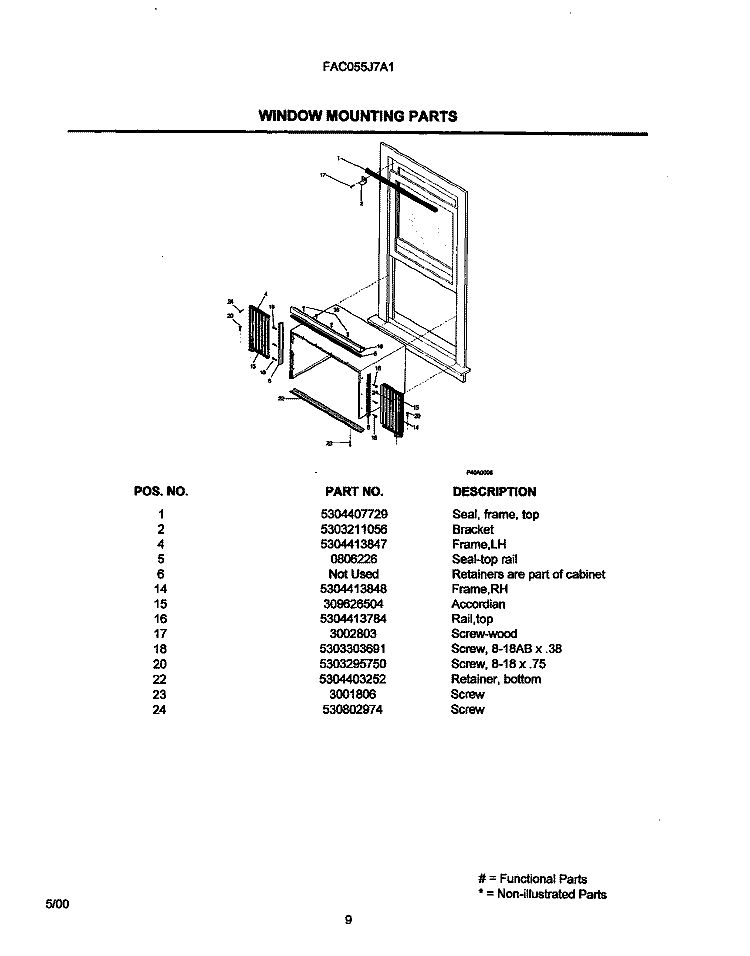 WINDOW MOUNTING PARTS Diagram and Parts List for FAC055J7A1  Frigidaire Air Conditioner