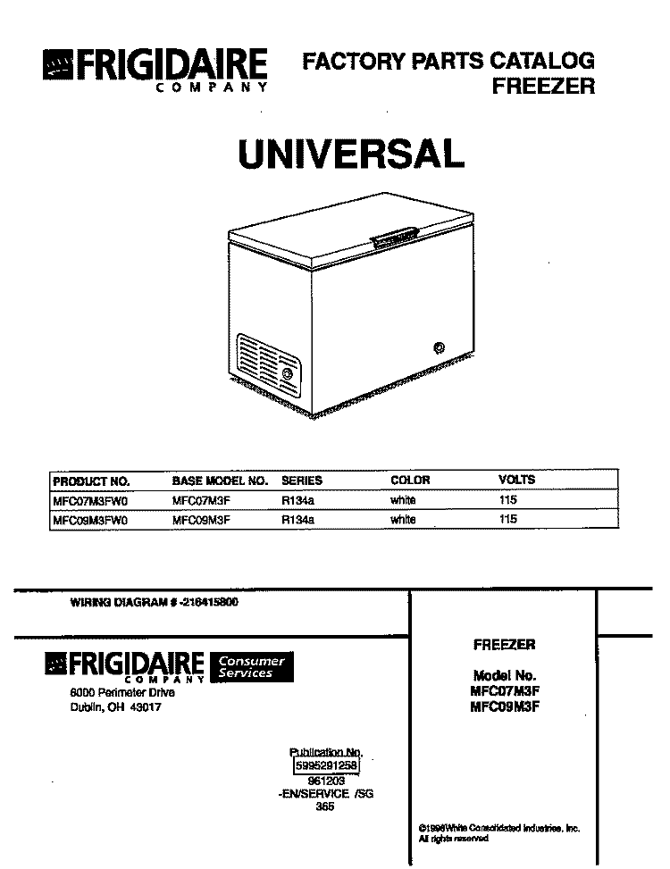 COVER Diagram and Parts List for MFC09M3FW0  Frigidaire Freezer