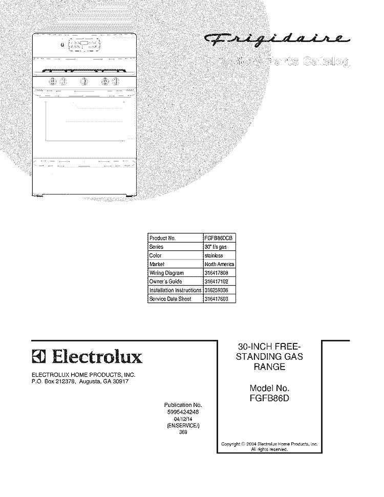 COVER Diagram and Parts List for FGFB86DCB  Frigidaire Range