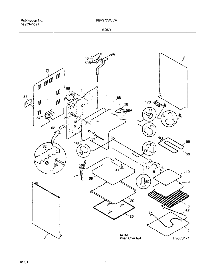 BODY Diagram and Parts List for FEF377WJCA  Frigidaire Range