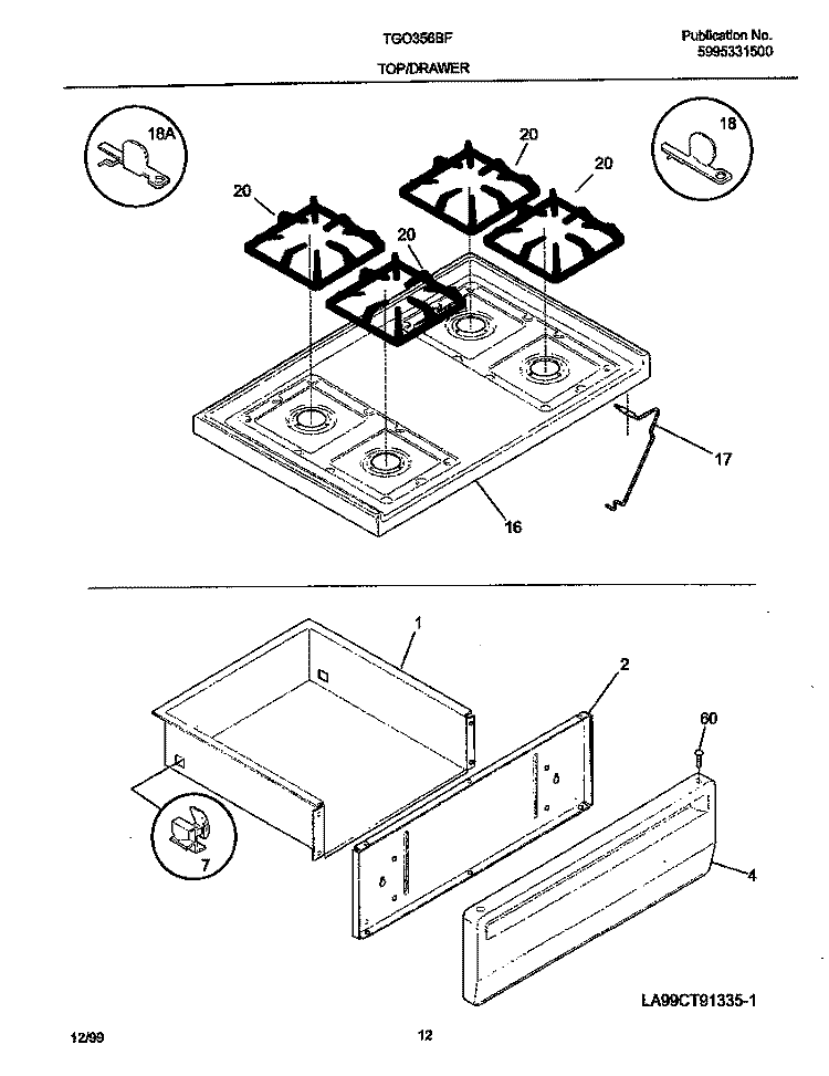 TOP / DRAWER Diagram and Parts List for TGO356BHD2  Tappan Range