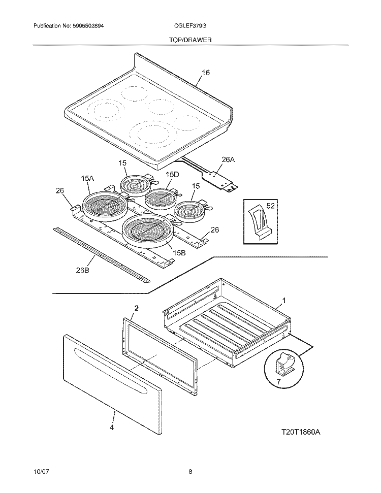 TOP / DRAWER Diagram and Parts List for CGLEF379GBA  Frigidaire Range