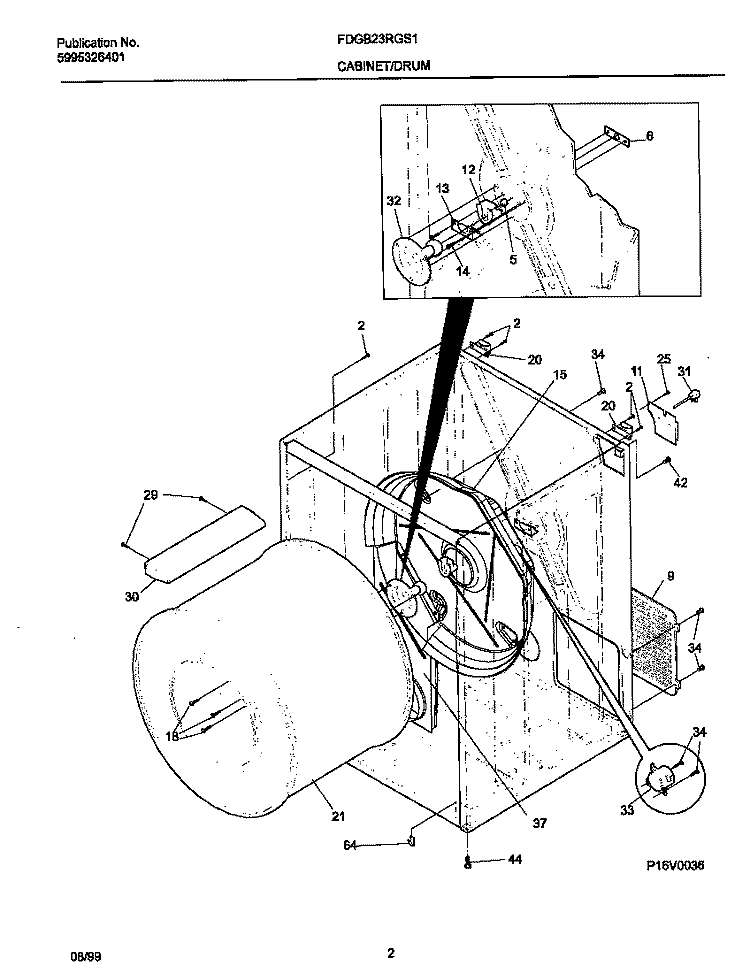 P16V0036 DRY CAB, HEATER Diagram and Parts List for FDGB23RGS1  Frigidaire Dryer