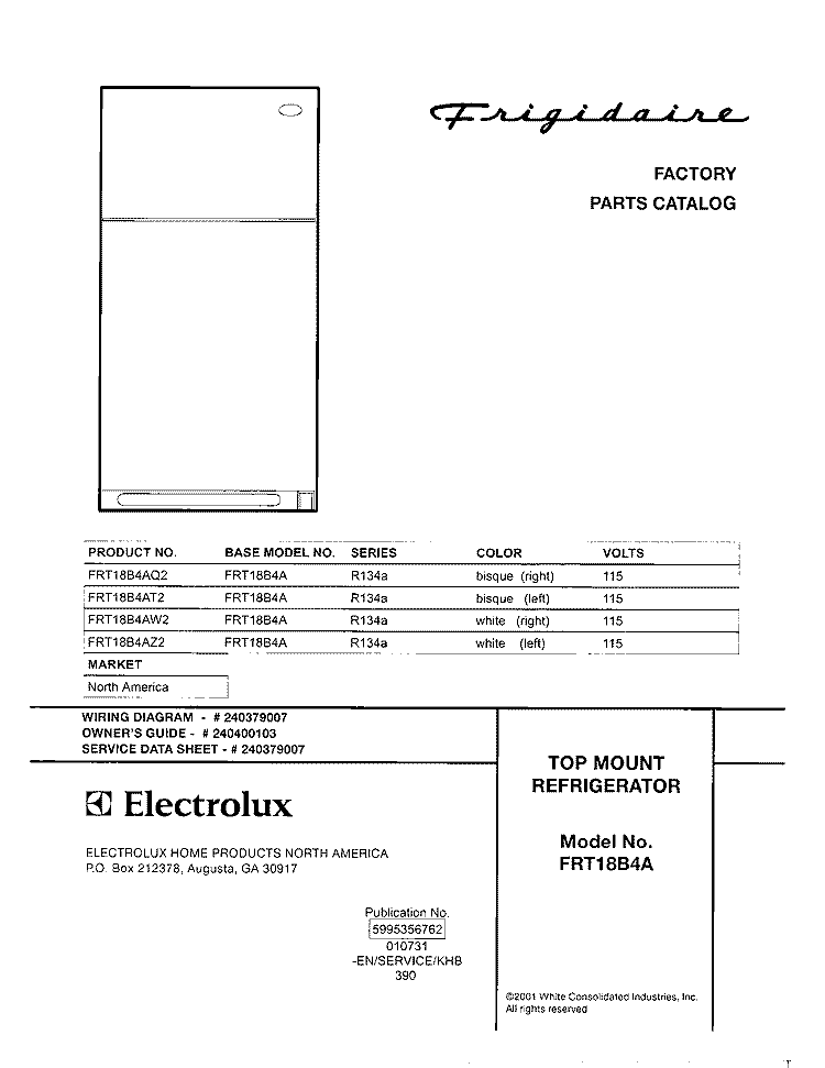 COVER Diagram and Parts List for FRT18B4AZ2  Frigidaire Refrigerator