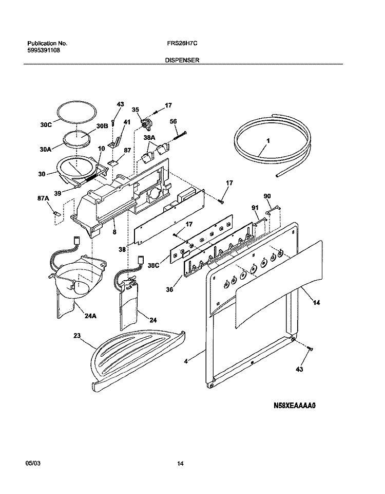 DISPENSER Diagram and Parts List for FRS26H7CW0  Frigidaire Refrigerator