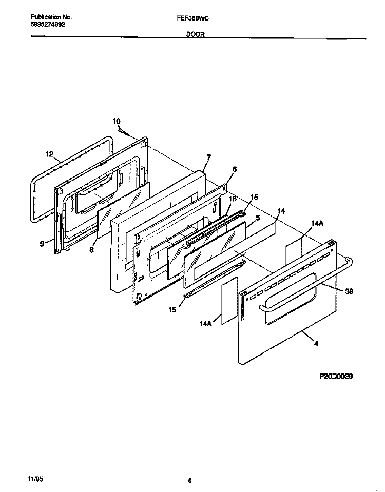 DOOR Diagram and Parts List for FEF388WCCC  Frigidaire Range