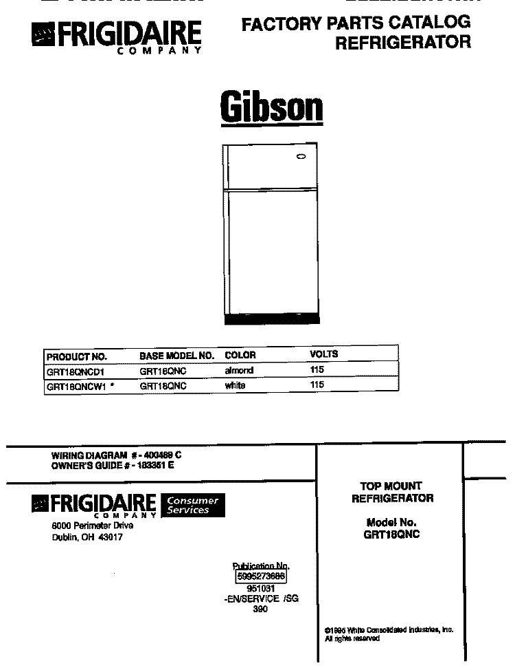 COVER Diagram and Parts List for GRT18QNCD1  Gibson Refrigerator