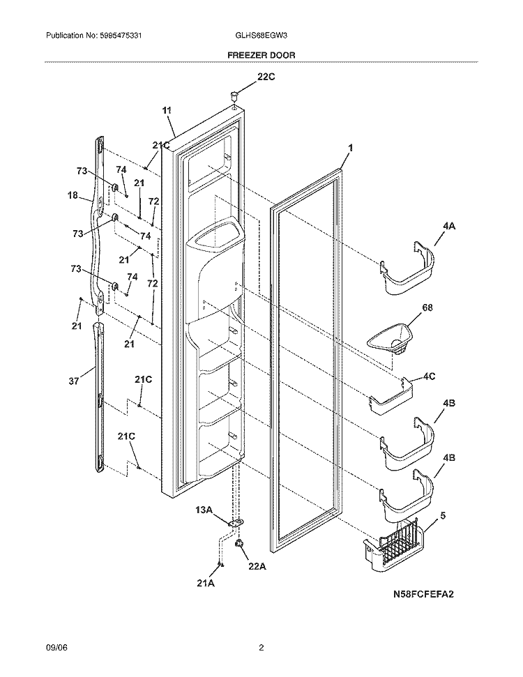 FREEZER DOOR Diagram and Parts List for GLHS68EGW3  Frigidaire Refrigerator