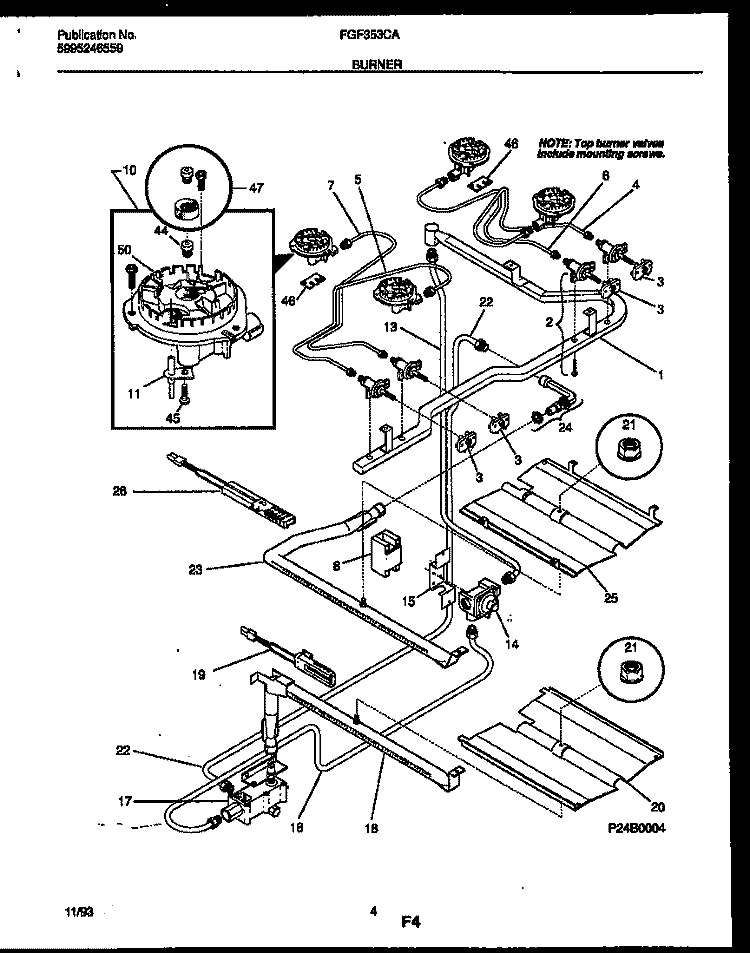 BURNER, MANIFOLD AND GAS CONTROL Diagram and Parts List for FGF353CASA  Frigidaire Range