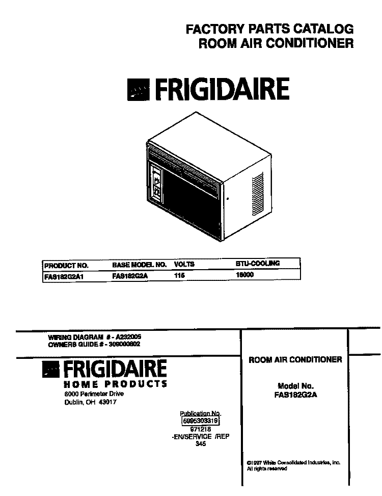 COVER Diagram and Parts List for FAS182G2A1  Frigidaire Air Conditioner