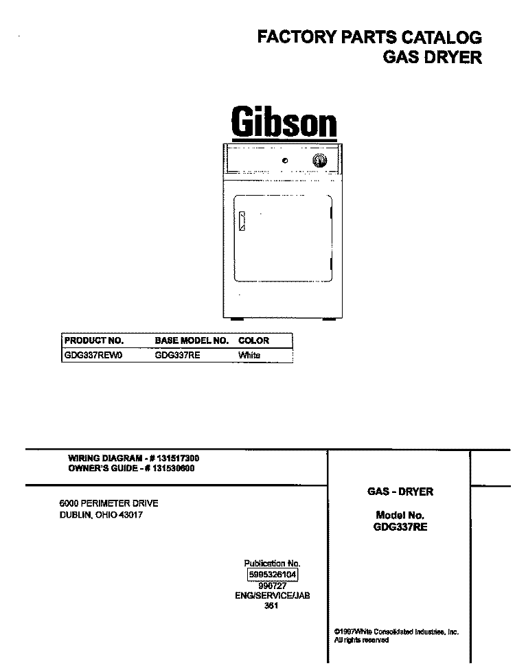 COVER Diagram and Parts List for GDG337REW0  Gibson Dryer