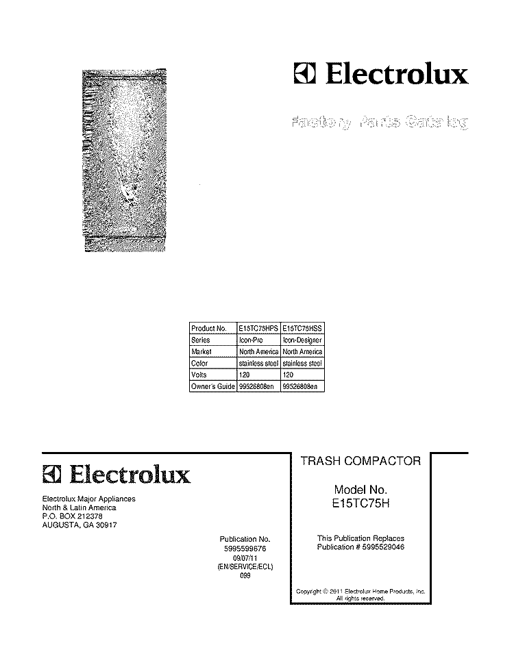 COVER Diagram and Parts List for E15TC75HPS  Electrolux Trash Compactor