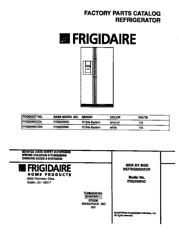COVER Diagram and Parts List for FRS22WNCD5  Frigidaire Refrigerator