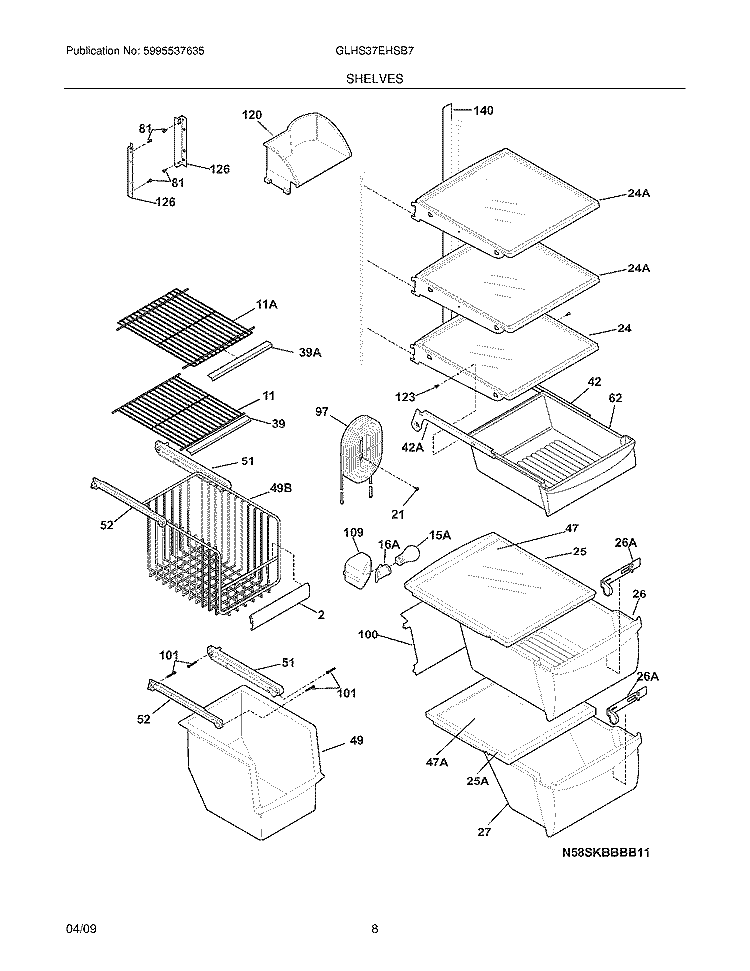 SHELVES Diagram and Parts List for GLHS37EHSB7  Frigidaire Refrigerator