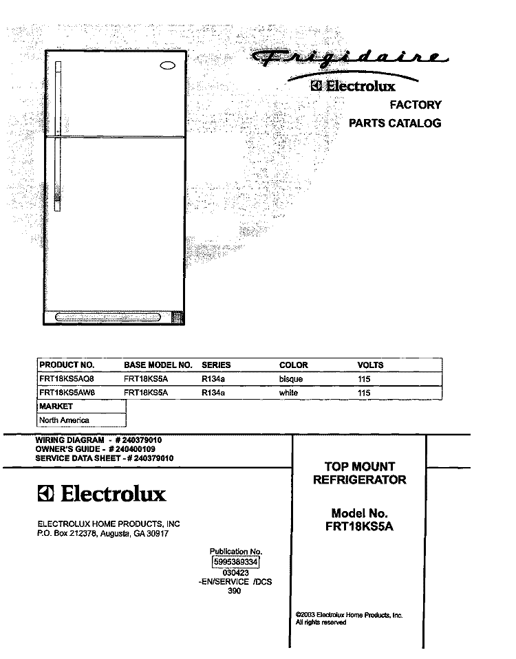 COVER Diagram and Parts List for FRT18KS5AW8  Frigidaire Refrigerator