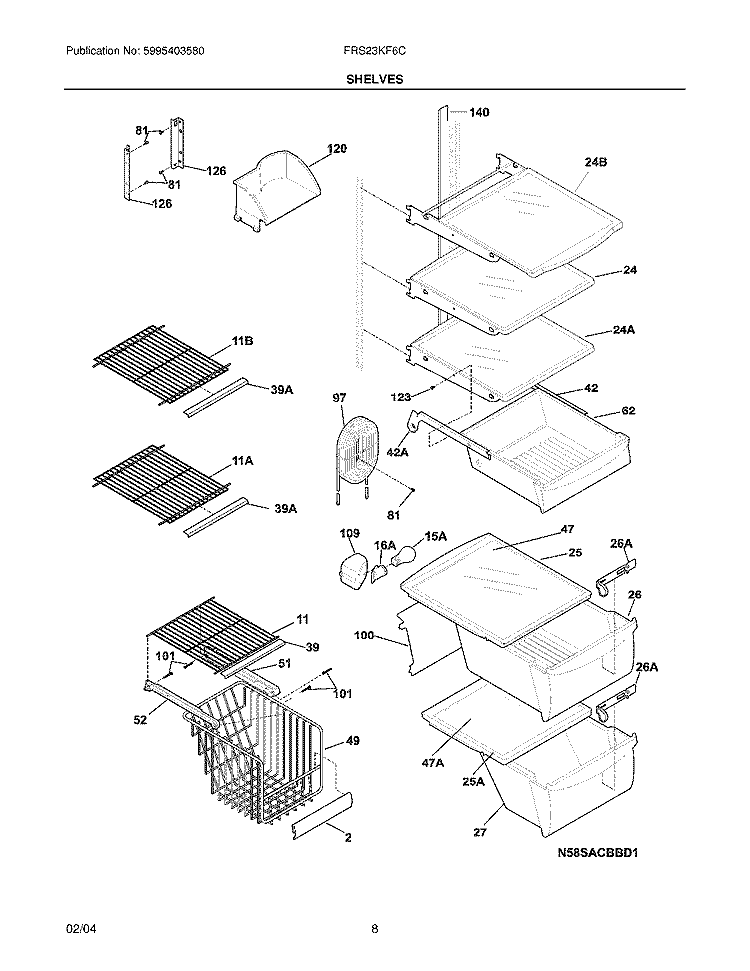 SHELVES Diagram and Parts List for FRS23KF6CB2  Frigidaire Refrigerator