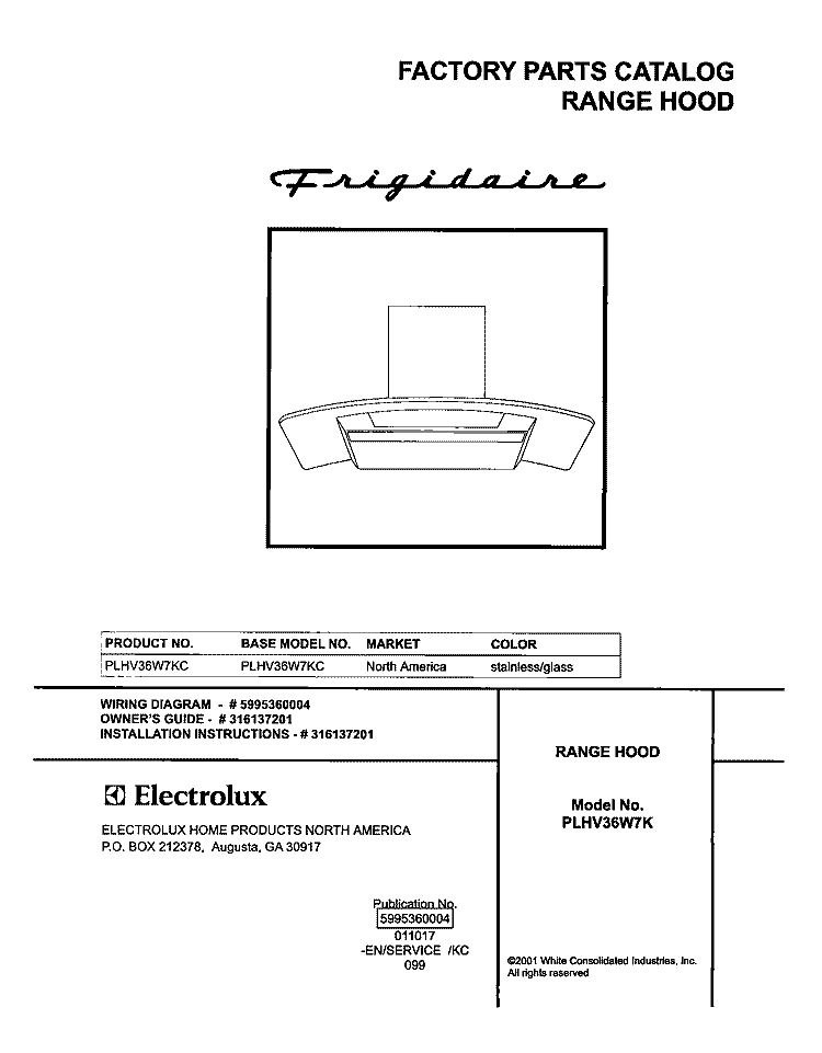 COVER Diagram and Parts List for PLHV36W7KC  Frigidaire Range Hood