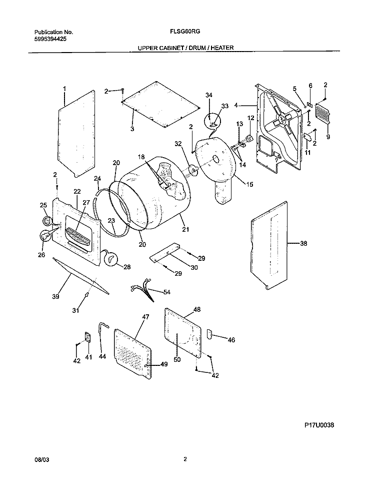 UPPER CABINET / DRUM / HEATER Diagram and Parts List for FLSG60RGS2  Frigidaire Washer Dryer Combo