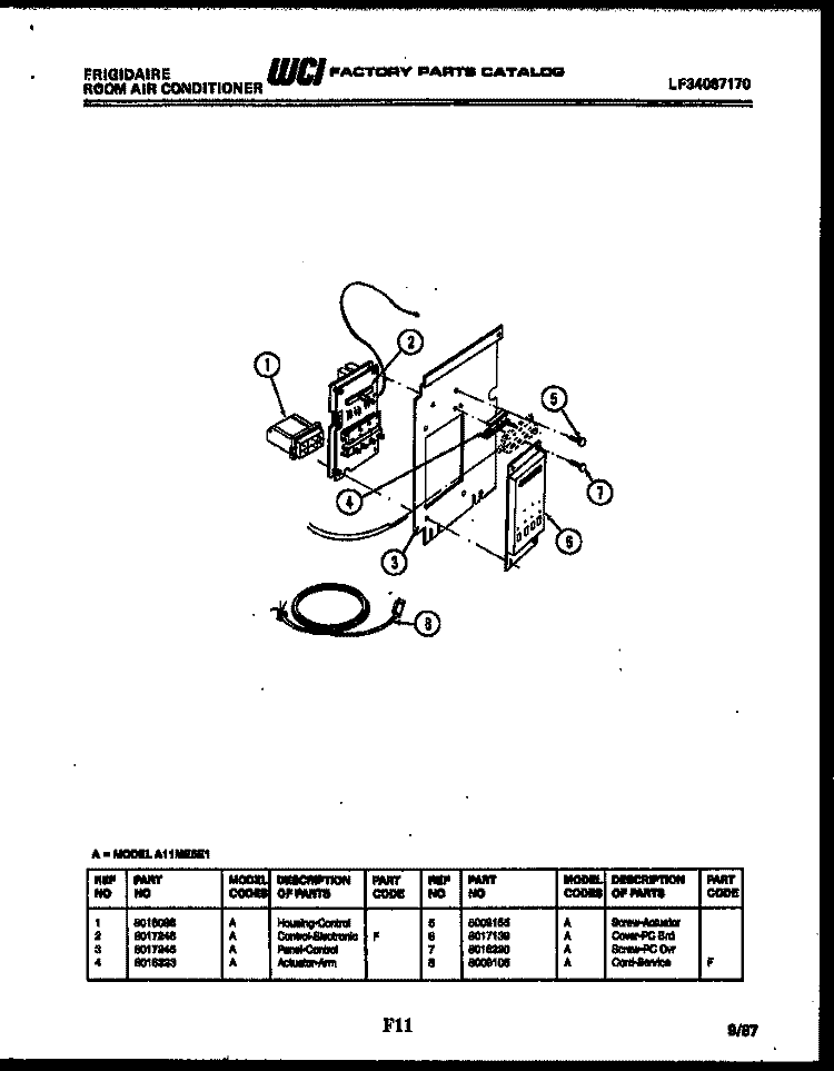 CONTROL PANEL Diagram and Parts List for A11ME5E1  Frigidaire Air Conditioner