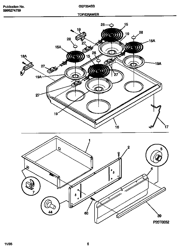 TOP / DRAWER Diagram and Parts List for GEF354BBWC  Gibson Range