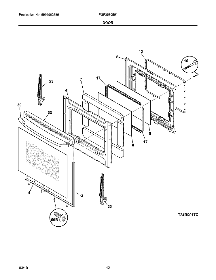 DOOR Diagram and Parts List for FGF368GBK  Frigidaire Range
