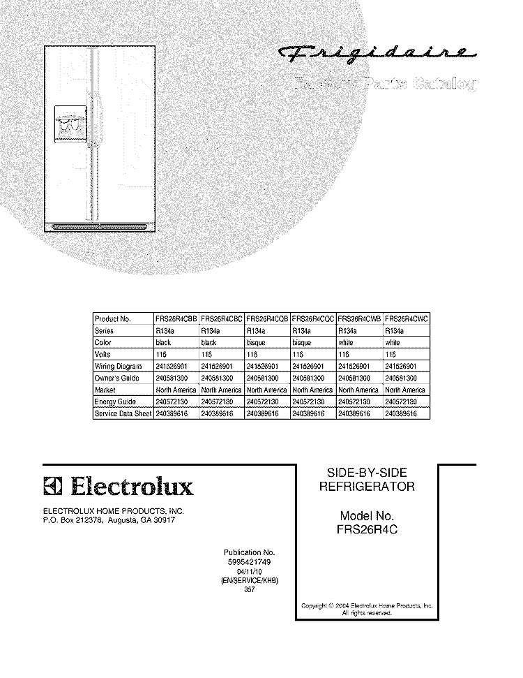 COVER Diagram and Parts List for FRS26R4CBB  Frigidaire Refrigerator