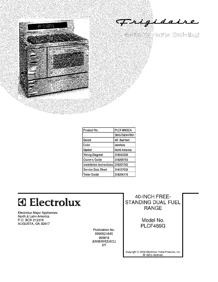 COVER Diagram and Parts List for PLCF489GCA  Frigidaire Range