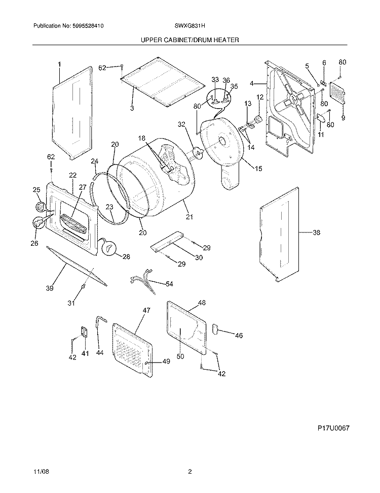UPPER CABINET/DRUM HEATER Diagram and Parts List for SWXG831HQ2  Westinghouse Washer Dryer Combo