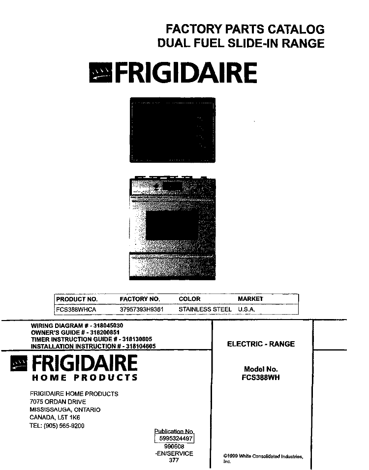 COVER Diagram and Parts List for FCS388WHCA  Frigidaire Range