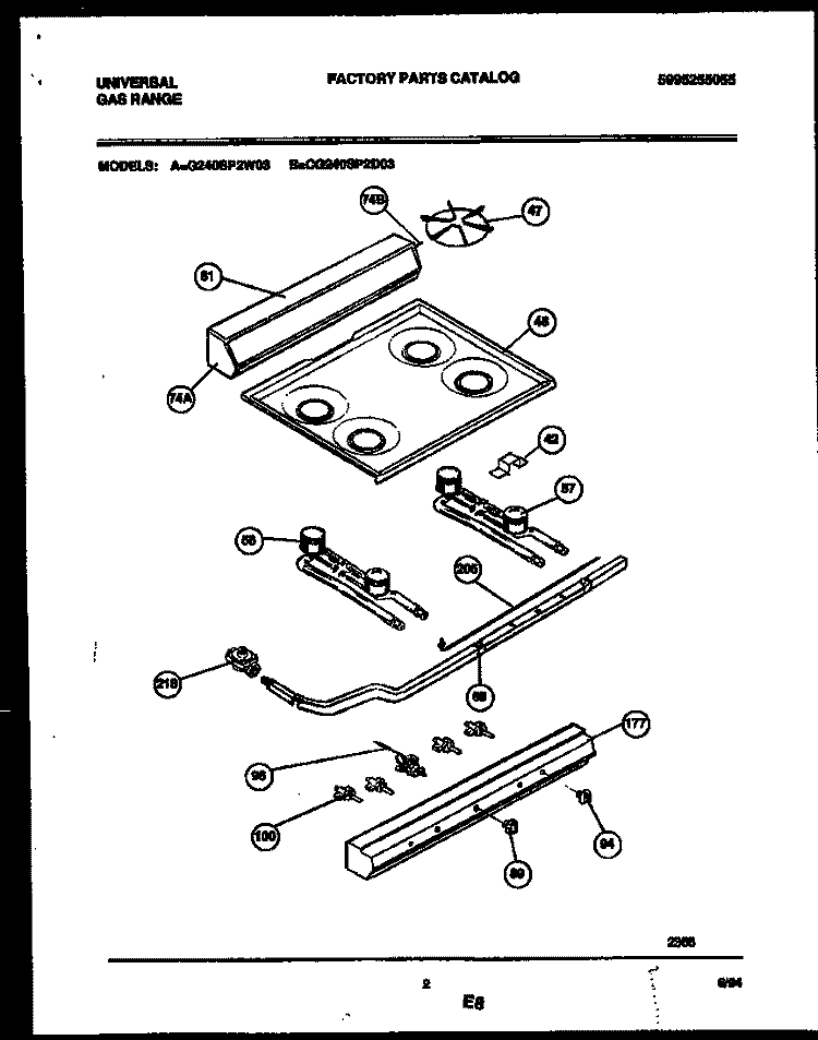 BACKGUARD, COOKTOP AND BURNER PARTS Diagram and Parts List for CG240SP2D3  Frigidaire Range