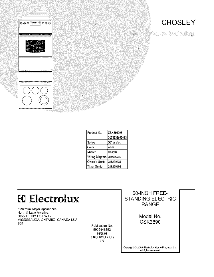 COVER Diagram and Parts List for CSK389003  Crosley Range