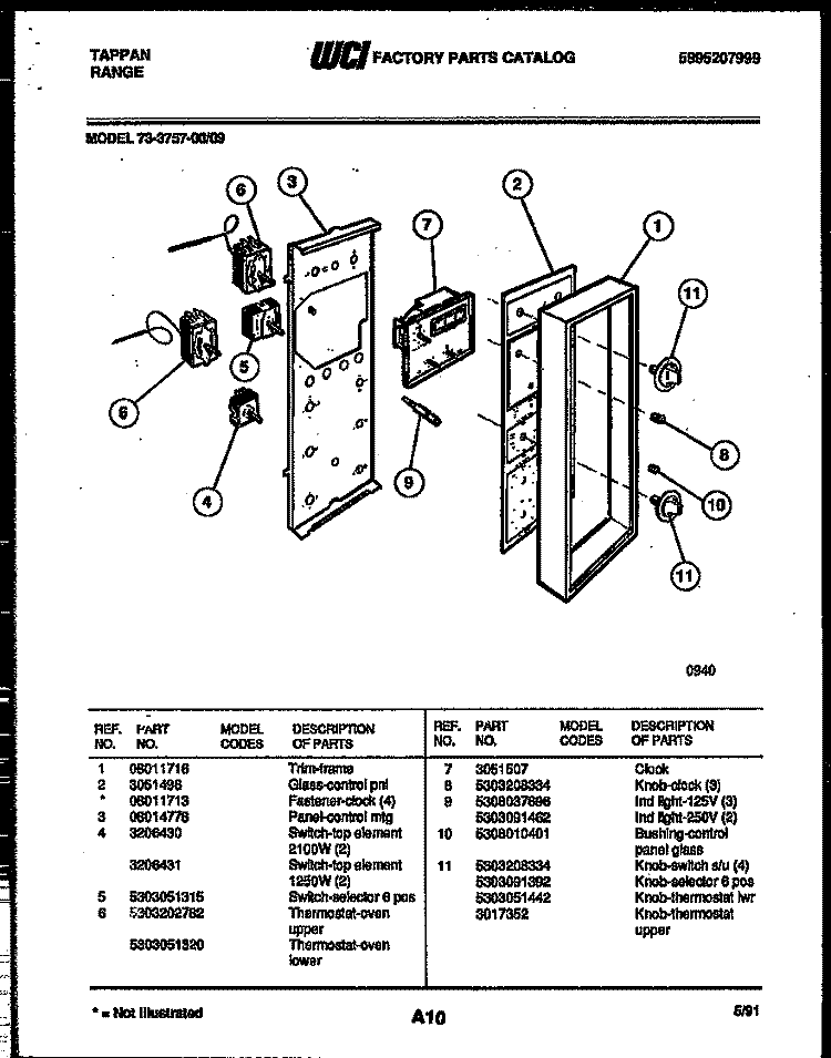 CONTROL PANEL Diagram and Parts List for 73-3757-00-09  Tappan Range