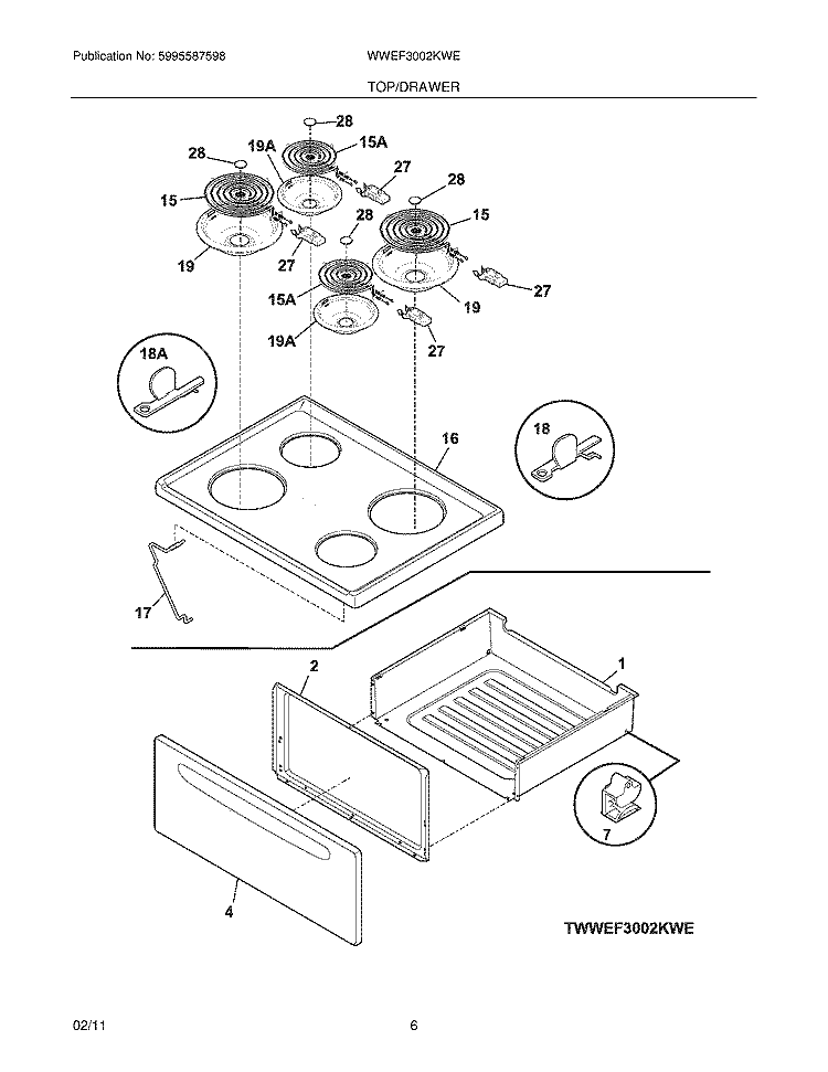 TOP/DRAWER Diagram and Parts List for WWEF3002KWE  Westinghouse Range
