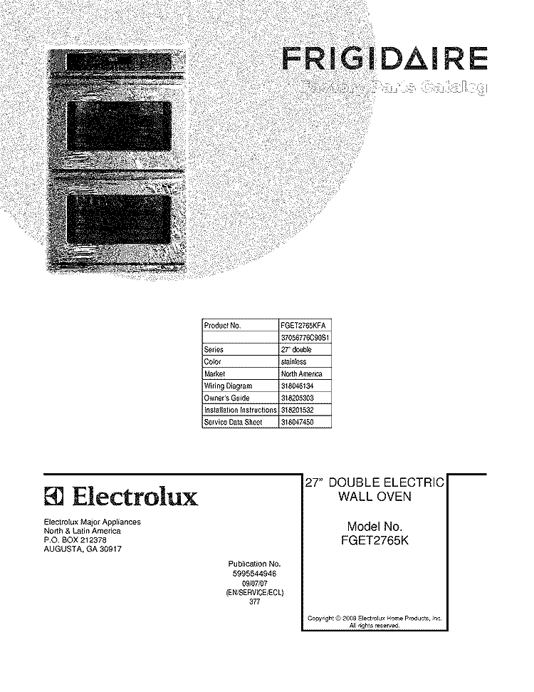 COVER Diagram and Parts List for FGET2765KFA  Frigidaire Wall Oven