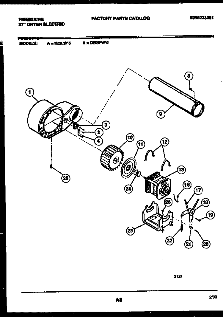 BLOWER AND DRIVE PARTS Diagram and Parts List for DEISFL5  Frigidaire Dryer