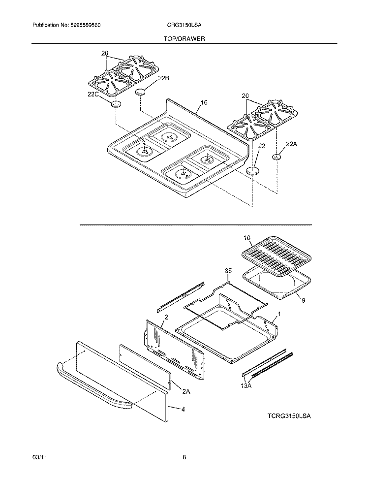 TOP/DRAWER Diagram and Parts List for CRG3150LSA  Crosley Range