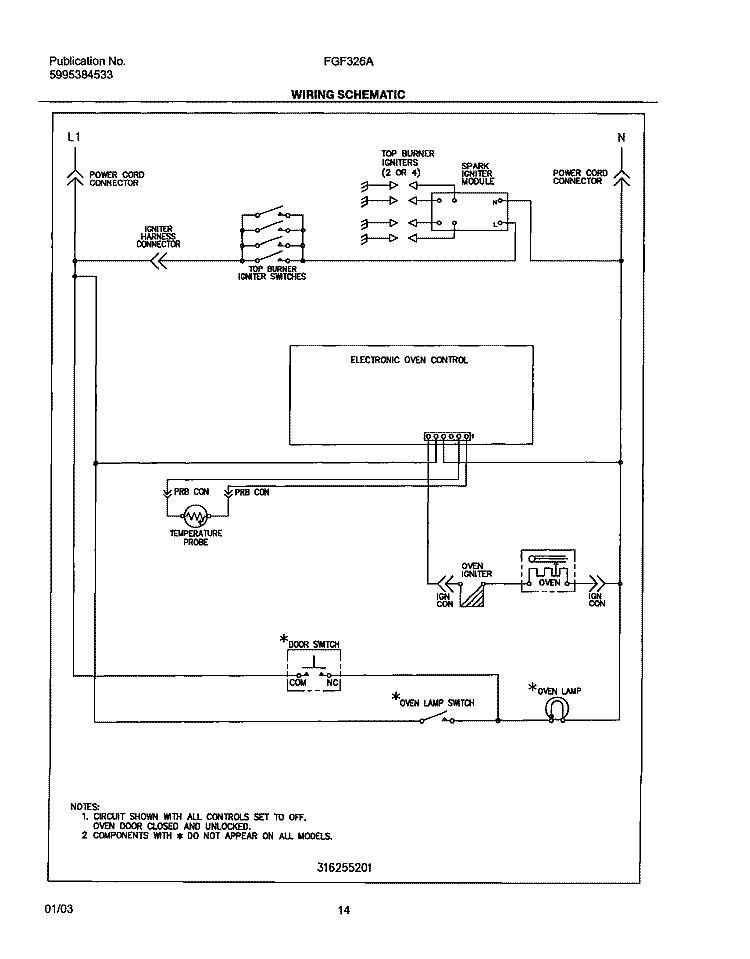 WIRING SCHEMATIC Diagram and Parts List for FGF326AUD  Frigidaire Range