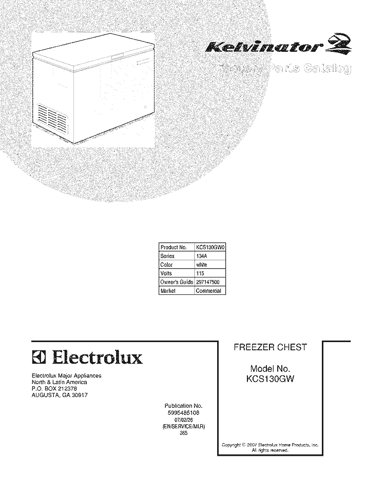 COVER Diagram and Parts List for KCS130GW0  Kelvinator Freezer
