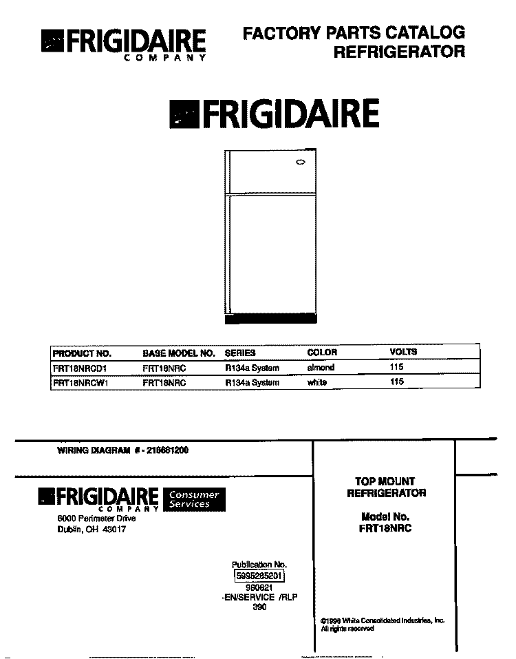 COVER Diagram and Parts List for FRT18NRCW1  Frigidaire Refrigerator