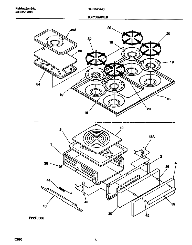 TOP / DRAWER Diagram and Parts List for TGF645WCD1  Tappan Range