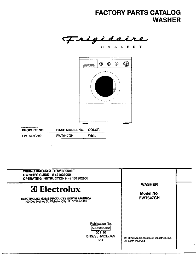 COVER Diagram and Parts List for FWT647GHS1  Frigidaire Washer