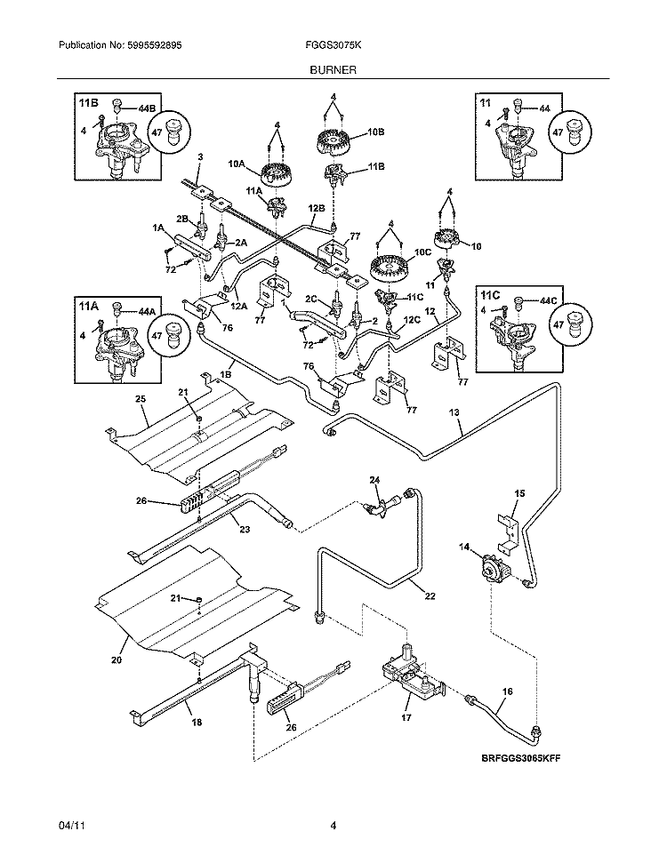 BURNER Diagram and Parts List for FGGS3075KBF  Frigidaire Range
